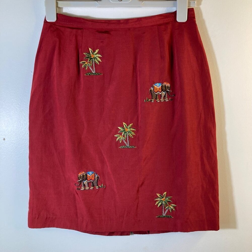 Womens Silkland Petite Tropical Silk Straight Lined Skirt Red 10P Trees Elephant